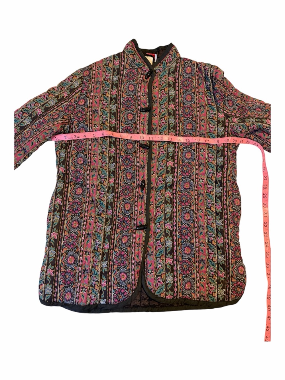 Vintage Floral Quilted Jacket Mandarin Collar Frog Closure Boho Statement Coat - Picture 5 of 7